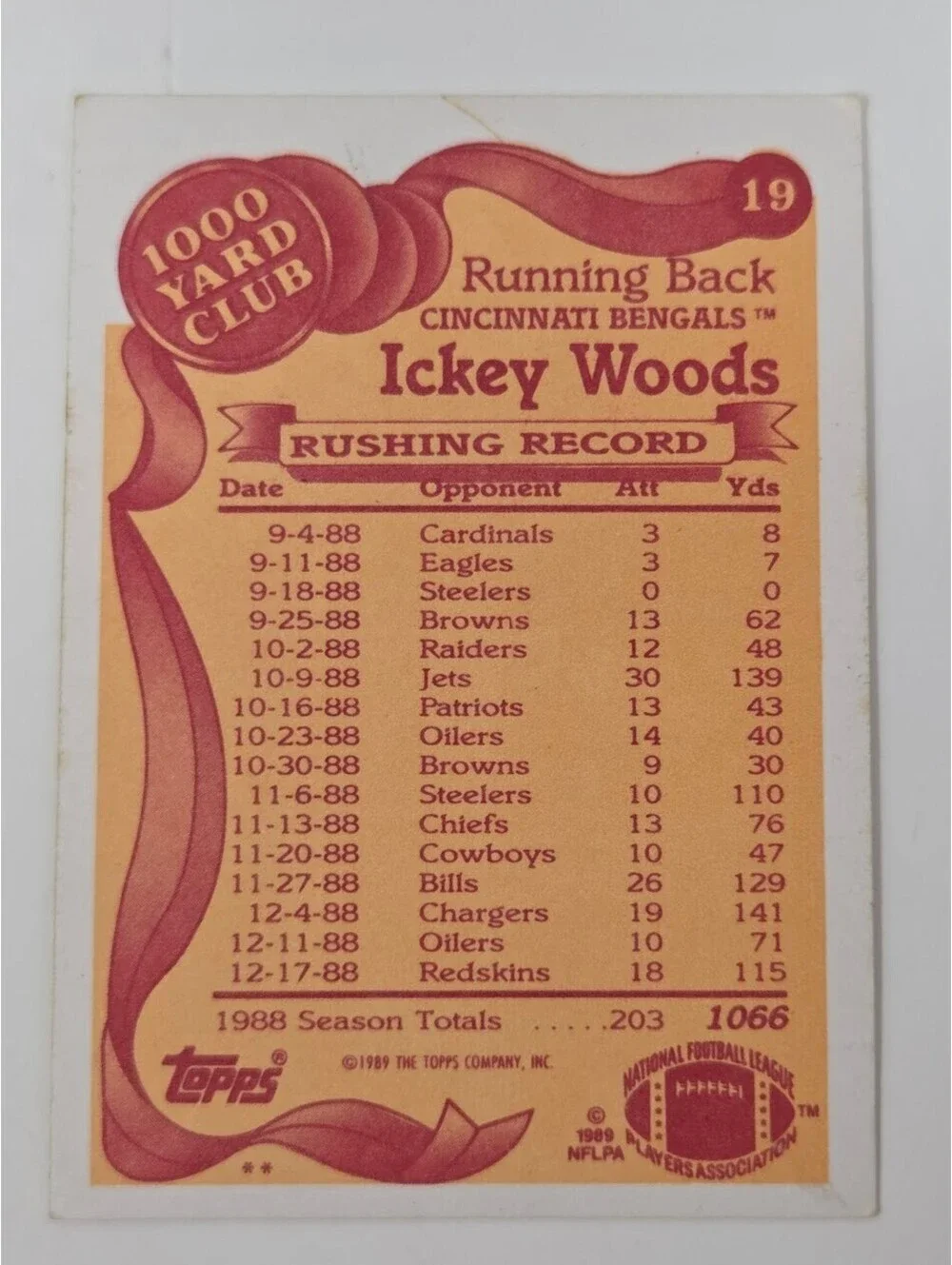 1989 Topps Ickey Woods 1000 Yard Club Signed Bengals Football Card